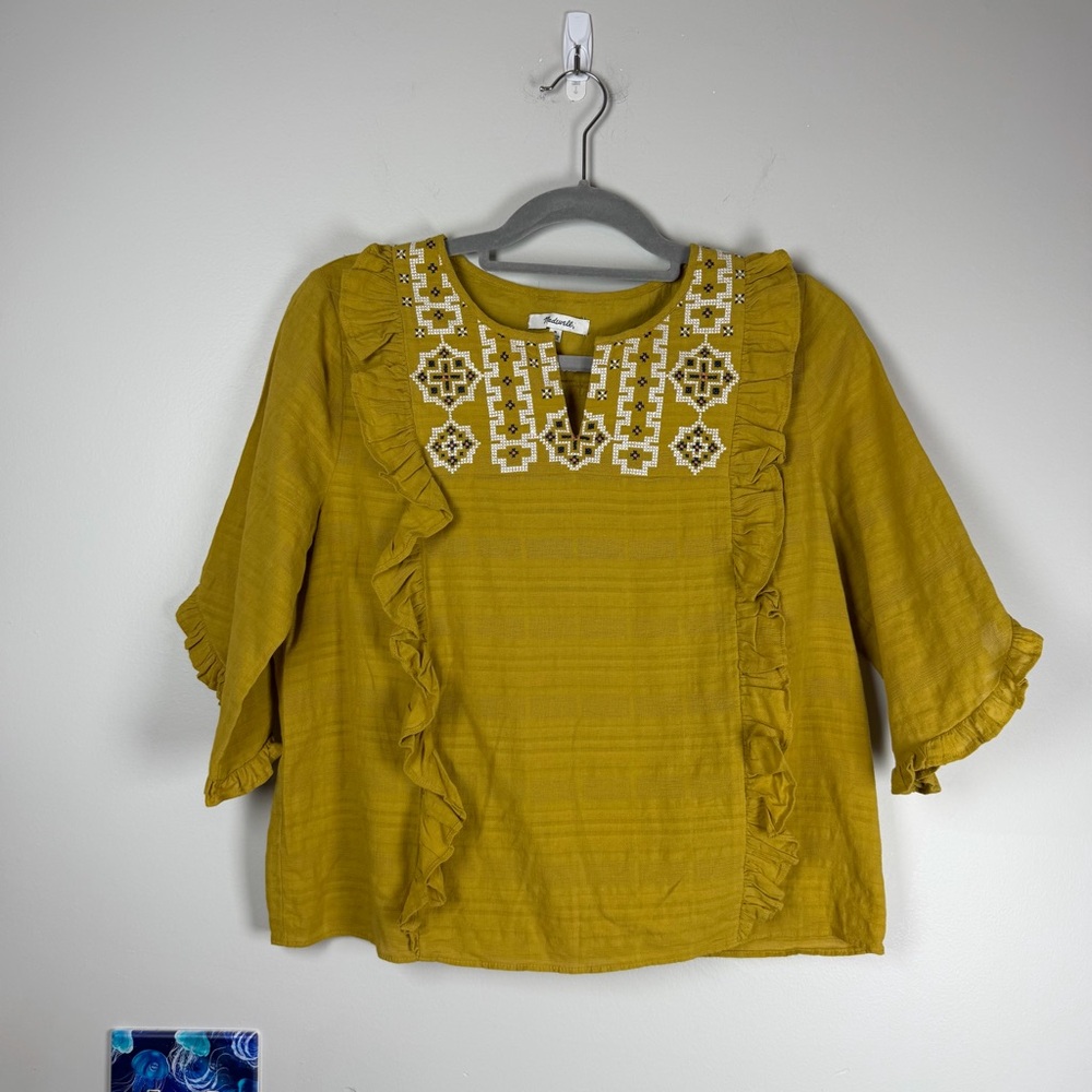Madewell Embroidered Mustard Yellow Cassia Ruffle Top Size Medium Boho Blouse